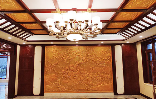 锦江中式别墅客厅中式木作横梁吊顶装饰展示
