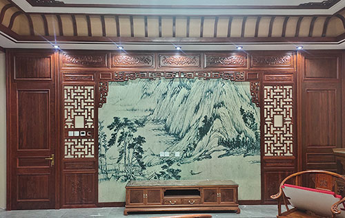 锦江中式仿古别墅客厅背景墙花格木作装饰